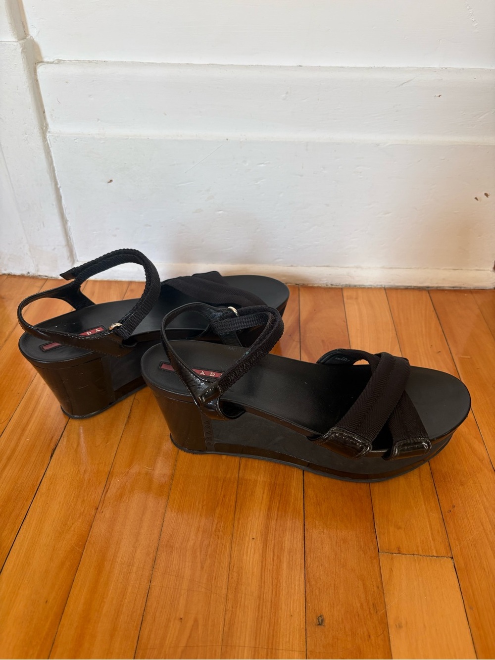 Prada Black Platform Wedge Sandals